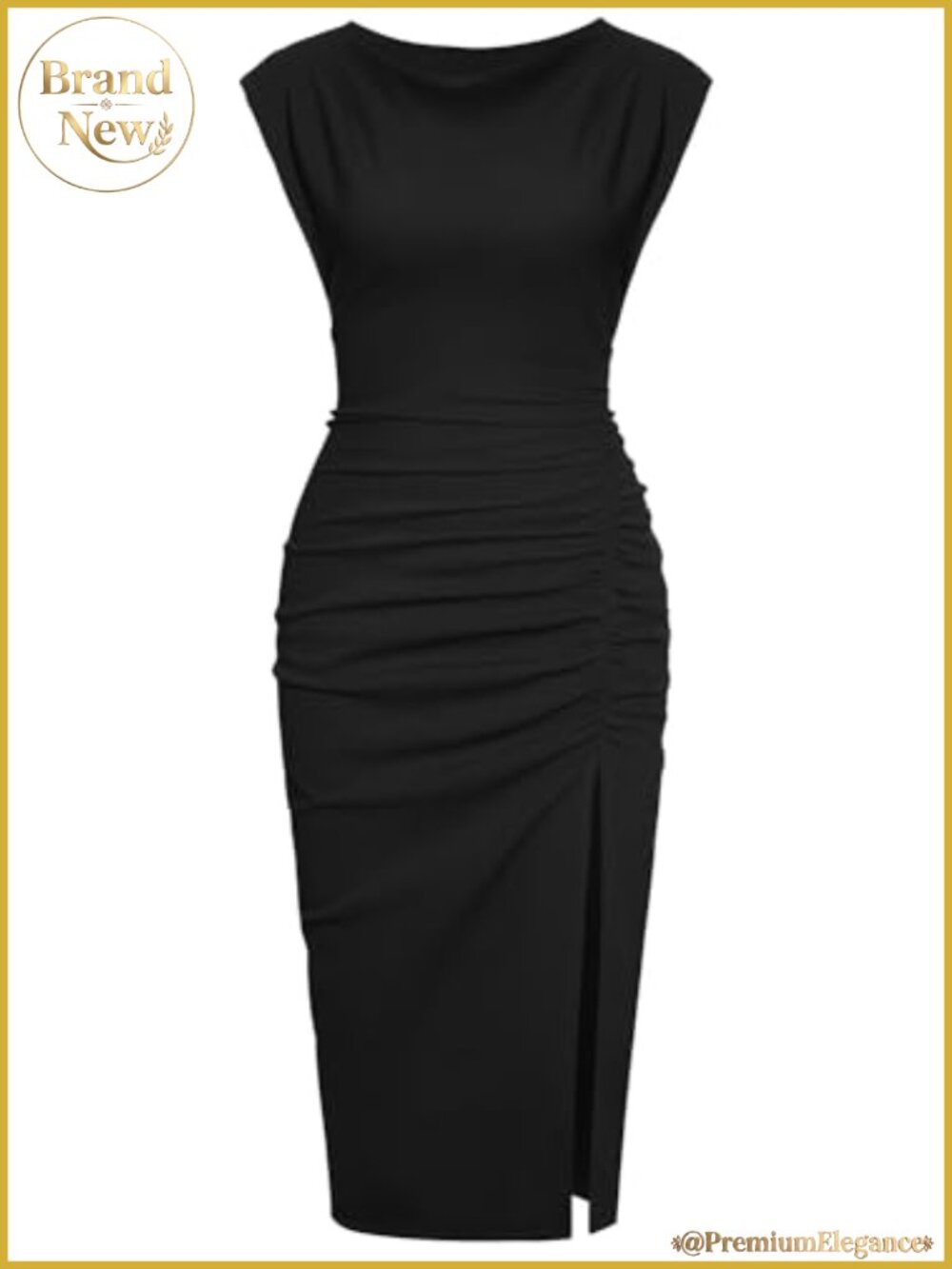Mock Neck Side Slit Ruched Bodycon Midi Cocktail Party Dress